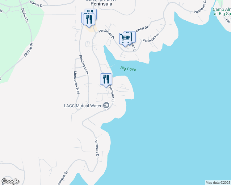 map of restaurants, bars, coffee shops, grocery stores, and more near 452 Peninsula Drive in Westwood