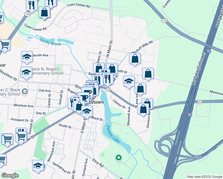 map of restaurants, bars, coffee shops, grocery stores, and more near 115 Franklin Street in Hightstown