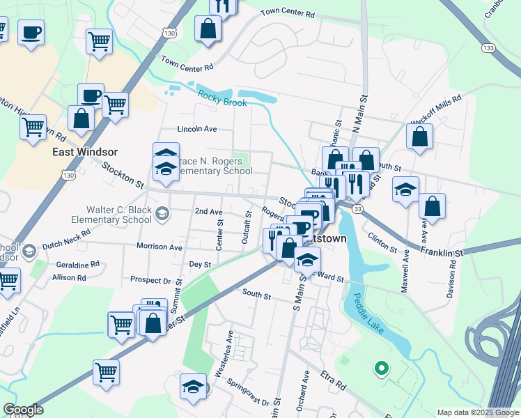 map of restaurants, bars, coffee shops, grocery stores, and more near 213 Rogers Avenue in Hightstown