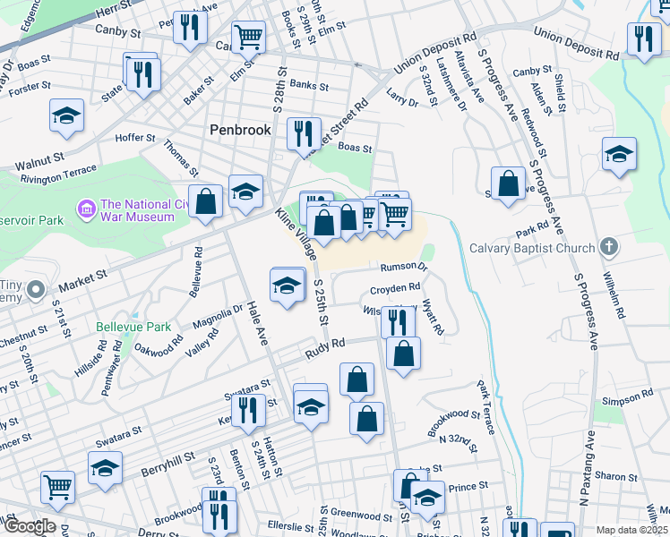 map of restaurants, bars, coffee shops, grocery stores, and more near 2644 Rumson Drive in Harrisburg