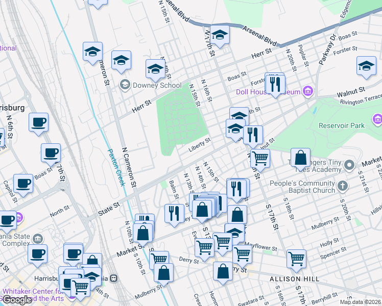 map of restaurants, bars, coffee shops, grocery stores, and more near 1355 Liberty Street in Harrisburg
