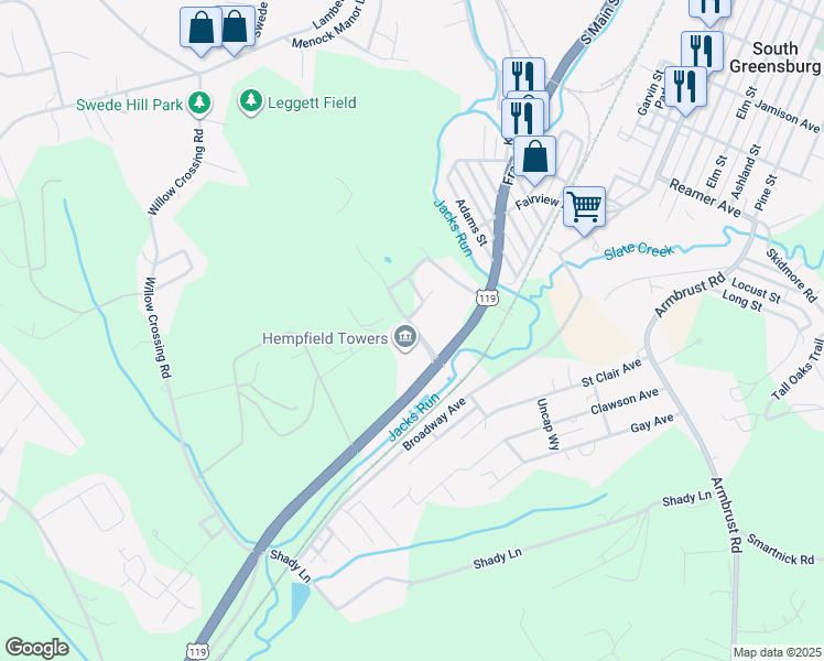 map of restaurants, bars, coffee shops, grocery stores, and more near 2503 South Grande Boulevard in Greensburg