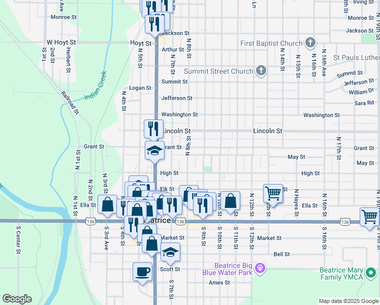 map of restaurants, bars, coffee shops, grocery stores, and more near 434 North 8th Street in Beatrice