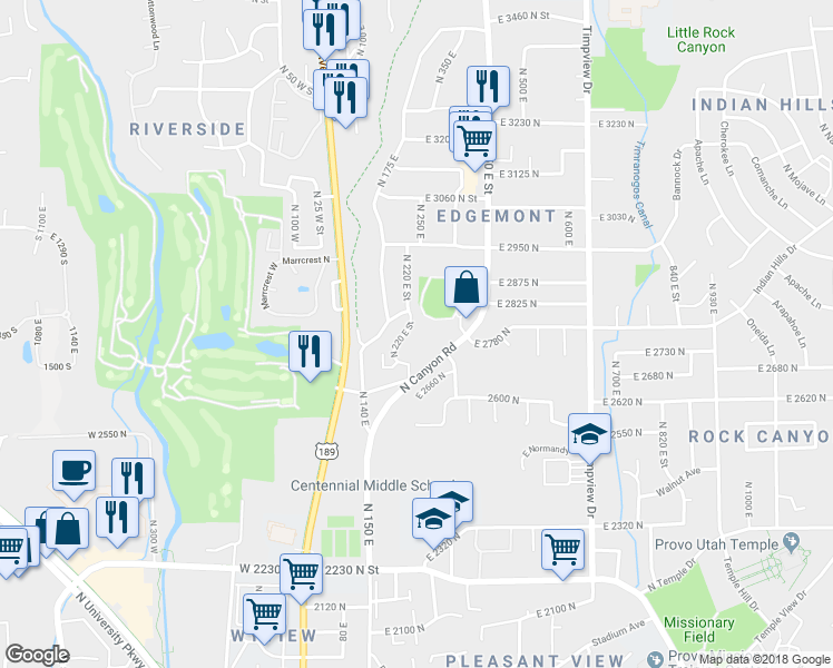 map of restaurants, bars, coffee shops, grocery stores, and more near 2738 Edgewood Drive in Provo