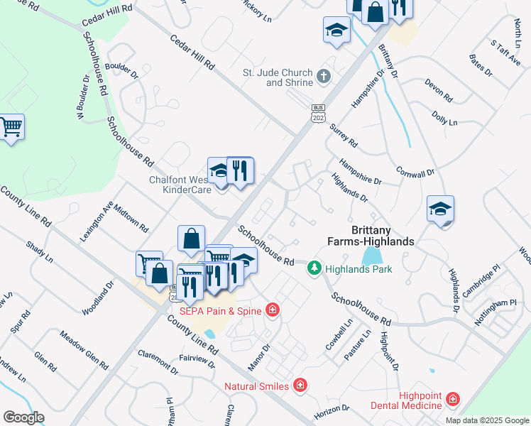 map of restaurants, bars, coffee shops, grocery stores, and more near 739 Remington Court in Chalfont