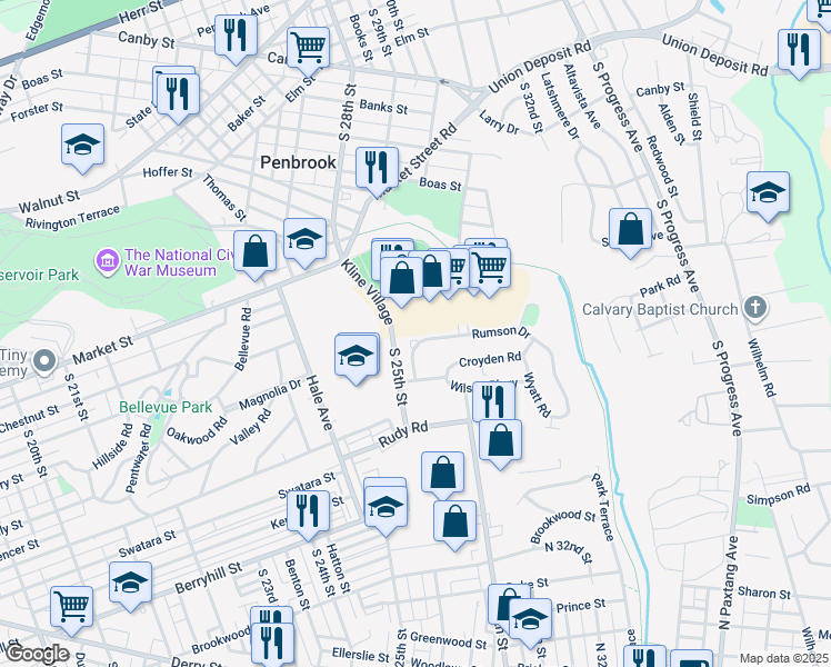 map of restaurants, bars, coffee shops, grocery stores, and more near 2644 Rumson Drive in Harrisburg