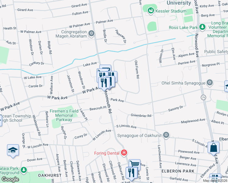 map of restaurants, bars, coffee shops, grocery stores, and more near 341 Laird Street in Ocean Township
