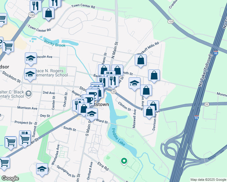 map of restaurants, bars, coffee shops, grocery stores, and more near 115 Franklin Street in Hightstown