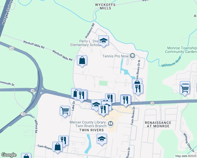 map of restaurants, bars, coffee shops, grocery stores, and more near 343 Bolton Road in East Windsor