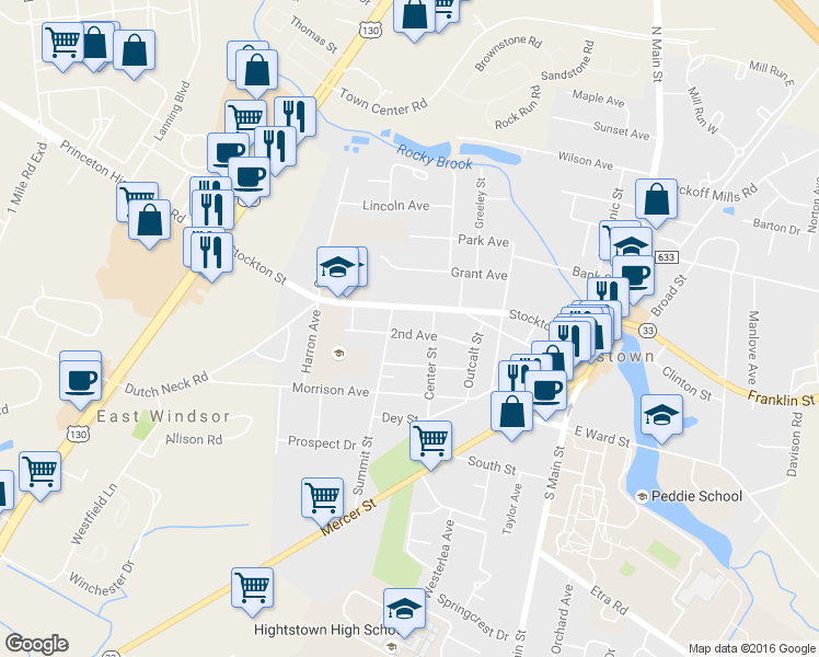 map of restaurants, bars, coffee shops, grocery stores, and more near 156 2nd Avenue in Hightstown