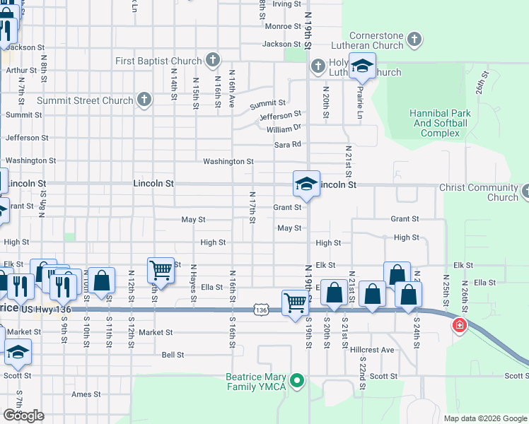 map of restaurants, bars, coffee shops, grocery stores, and more near 1711 Grant Street in Beatrice