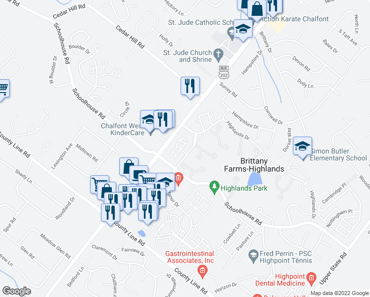 map of restaurants, bars, coffee shops, grocery stores, and more near 714 Remington Court in Chalfont