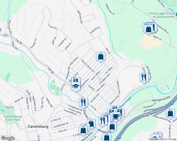 map of restaurants, bars, coffee shops, grocery stores, and more near 532 McNary Street in Canonsburg