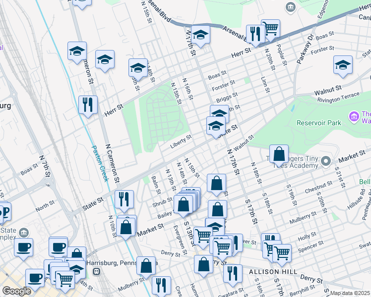 map of restaurants, bars, coffee shops, grocery stores, and more near 1406 State Street in Harrisburg