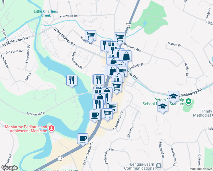 map of restaurants, bars, coffee shops, grocery stores, and more near 4007 Washington Road in Canonsburg