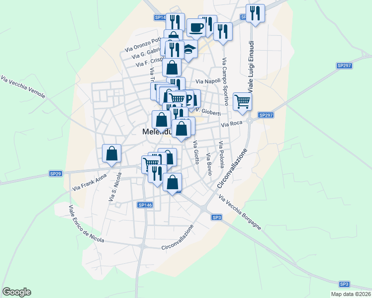 map of restaurants, bars, coffee shops, grocery stores, and more near Piazza Borgo San Antonio in Melendugno