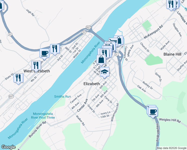 map of restaurants, bars, coffee shops, grocery stores, and more near 520 South 2nd Avenue in Elizabeth