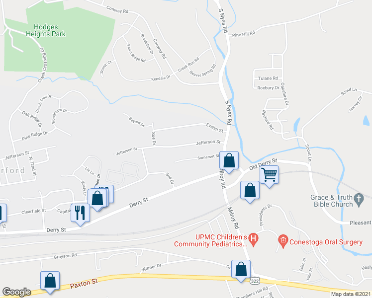 map of restaurants, bars, coffee shops, grocery stores, and more near 8091 Jefferson Street in Hummelstown