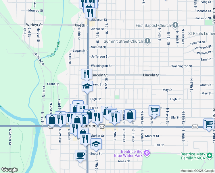 map of restaurants, bars, coffee shops, grocery stores, and more near 434 North 8th Street in Beatrice