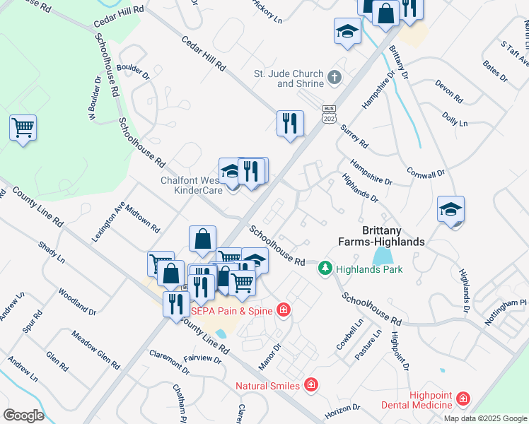 map of restaurants, bars, coffee shops, grocery stores, and more near 313 Remington Court in Chalfont