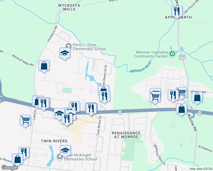 map of restaurants, bars, coffee shops, grocery stores, and more near 714 Twin Rivers Drive North in East Windsor