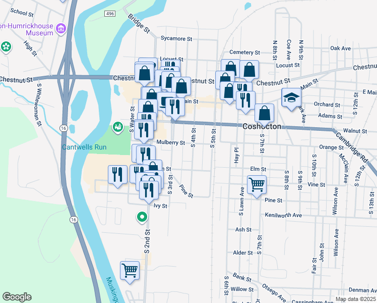 map of restaurants, bars, coffee shops, grocery stores, and more near 315 South 4th Street in Coshocton