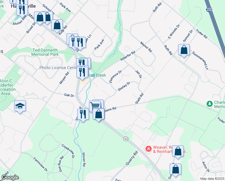 map of restaurants, bars, coffee shops, grocery stores, and more near 291 Florence Drive in Harleysville