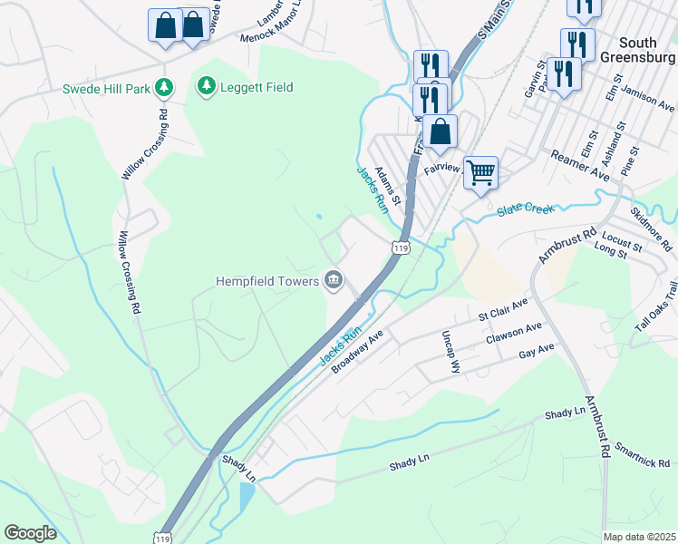 map of restaurants, bars, coffee shops, grocery stores, and more near 2503 South Grande Boulevard in Greensburg