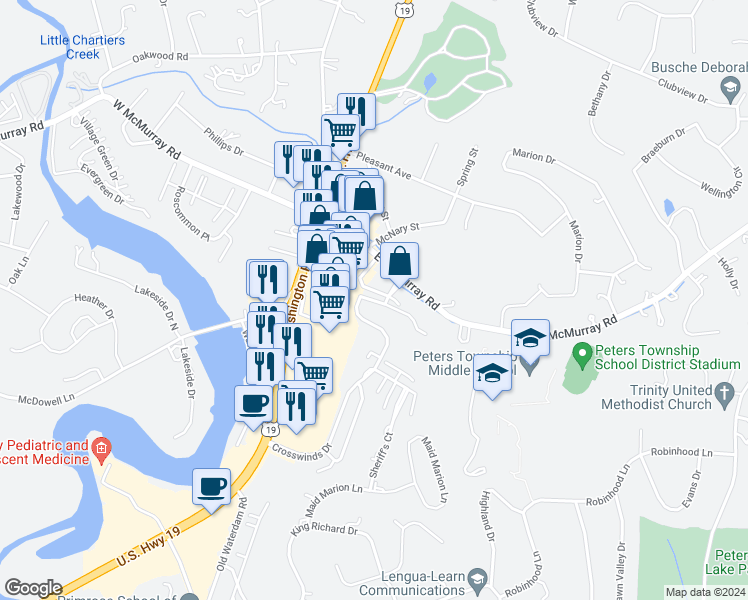 map of restaurants, bars, coffee shops, grocery stores, and more near 101 Cedar Hill Drive in Canonsburg