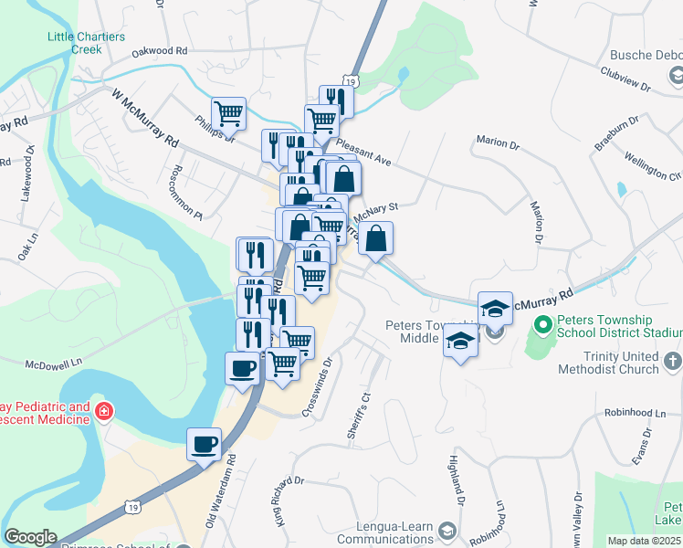 map of restaurants, bars, coffee shops, grocery stores, and more near 101 Cedar Hill Drive in Canonsburg