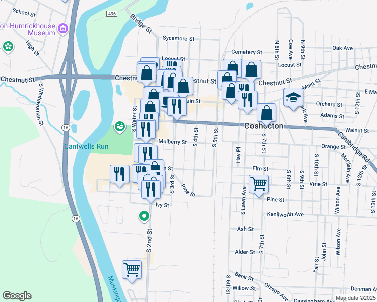 map of restaurants, bars, coffee shops, grocery stores, and more near 315 South 4th Street in Coshocton