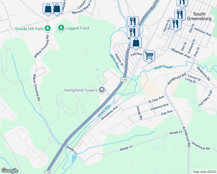 map of restaurants, bars, coffee shops, grocery stores, and more near 2503 South Grande Boulevard in Greensburg