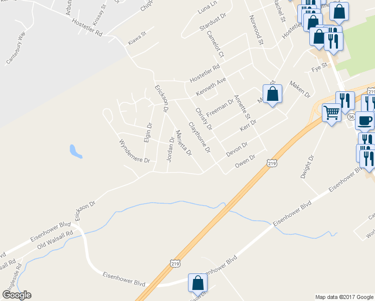 map of restaurants, bars, coffee shops, grocery stores, and more near 257 Marietta Drive in Johnstown