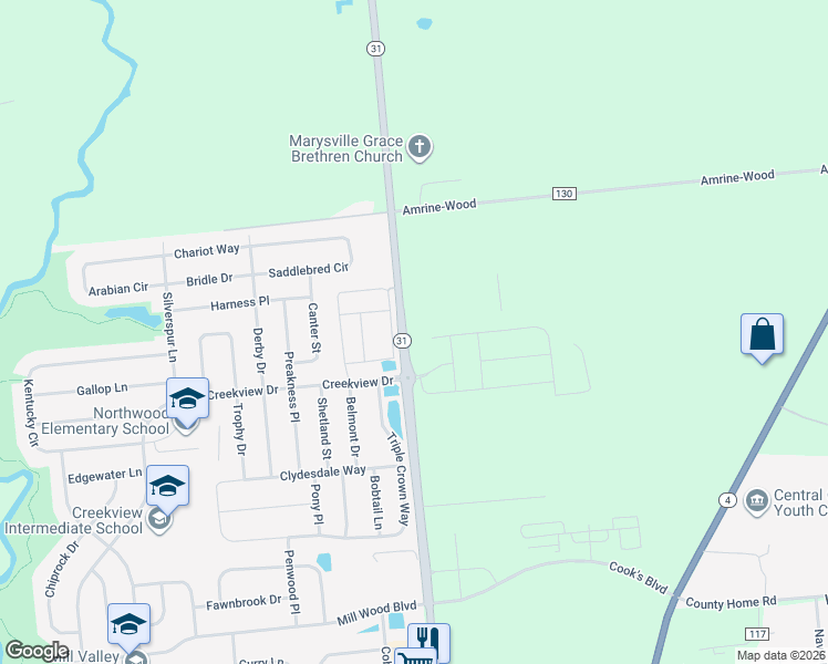 map of restaurants, bars, coffee shops, grocery stores, and more near 18530 Ohio 31 in Marysville