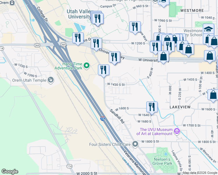 map of restaurants, bars, coffee shops, grocery stores, and more near 667 West 1435 South in Orem