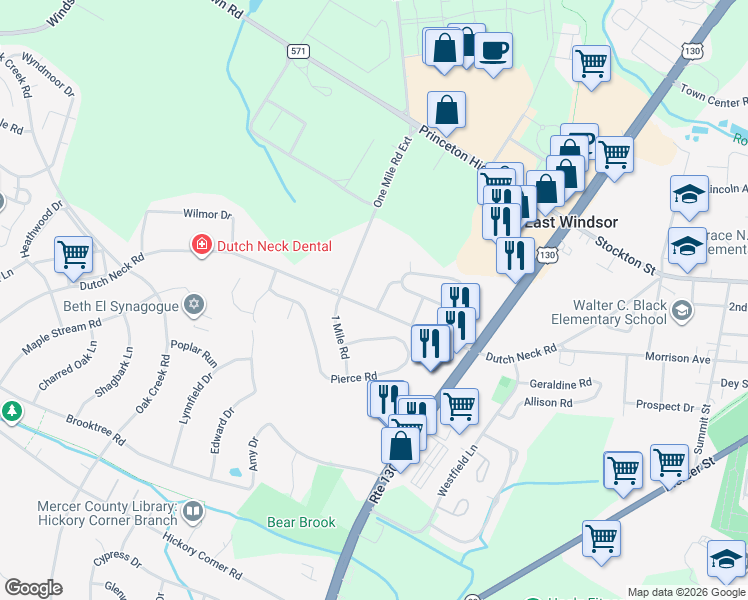 map of restaurants, bars, coffee shops, grocery stores, and more near 264 Dutch Neck Road in East Windsor