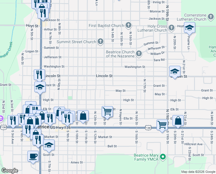 map of restaurants, bars, coffee shops, grocery stores, and more near 1315 Grant Street in Beatrice