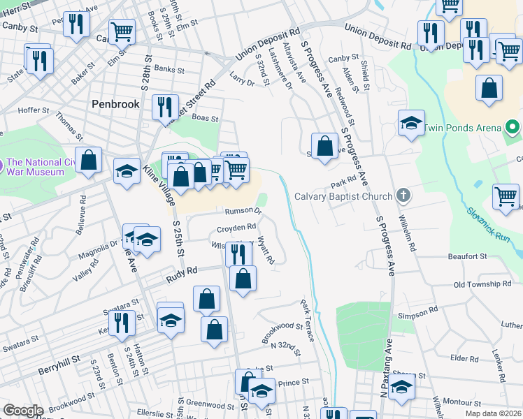map of restaurants, bars, coffee shops, grocery stores, and more near 259 Rumson Drive in Harrisburg