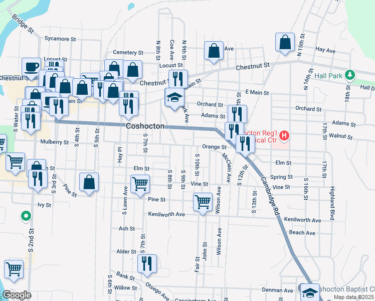 map of restaurants, bars, coffee shops, grocery stores, and more near 309 South 9th Street in Coshocton