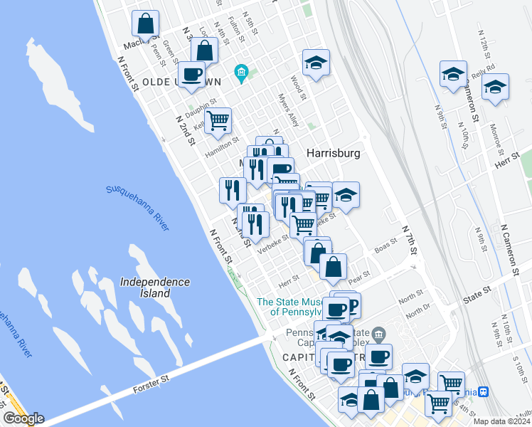 map of restaurants, bars, coffee shops, grocery stores, and more near 256 Calder Street in Harrisburg