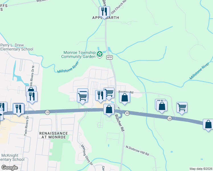 map of restaurants, bars, coffee shops, grocery stores, and more near 1302 Hights Farm Road North in Monroe Township