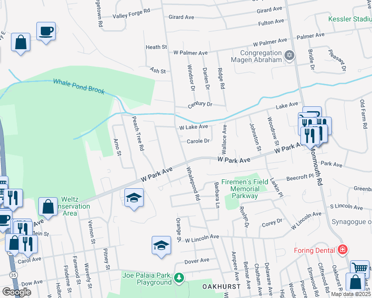 map of restaurants, bars, coffee shops, grocery stores, and more near 45 Whalepond Road in Ocean Township