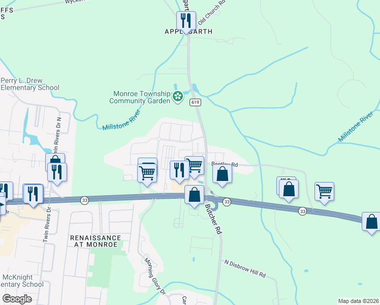 map of restaurants, bars, coffee shops, grocery stores, and more near 2201 Massey Lane in Monroe Township