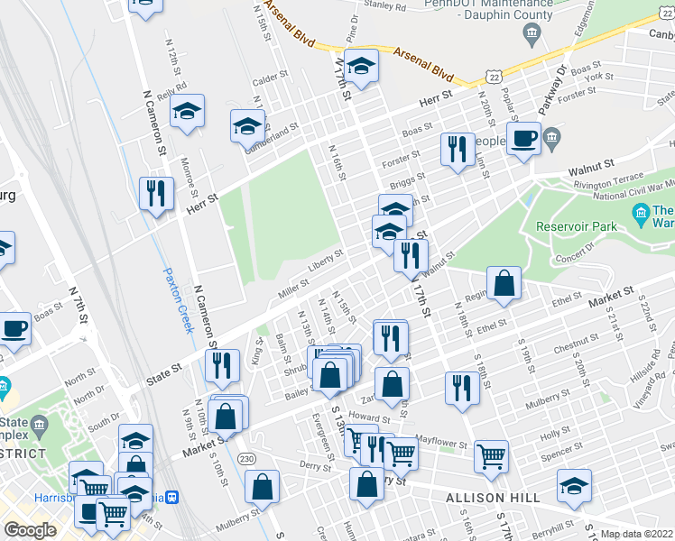 map of restaurants, bars, coffee shops, grocery stores, and more near 1412 State Street in Harrisburg
