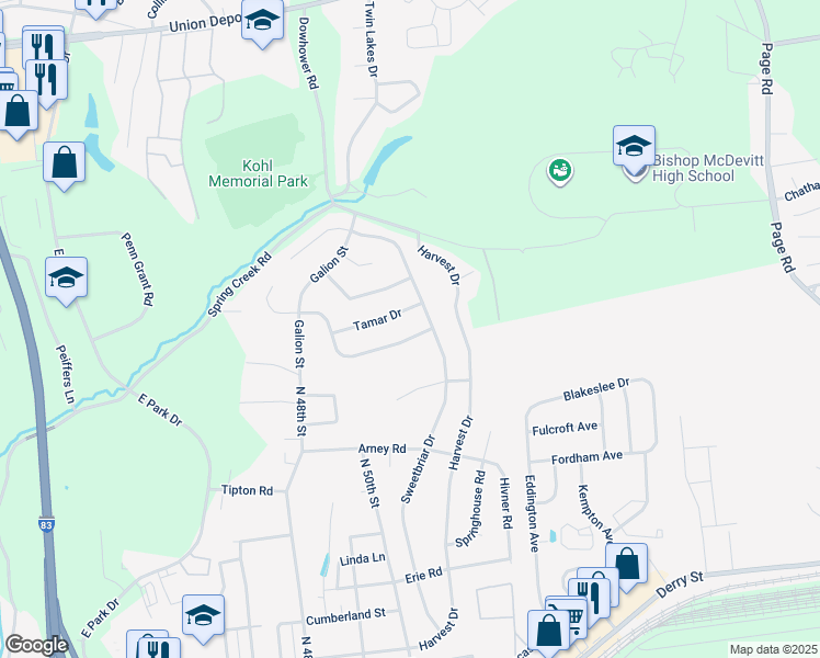 map of restaurants, bars, coffee shops, grocery stores, and more near 4840 Sweetbrier Terrace in Harrisburg