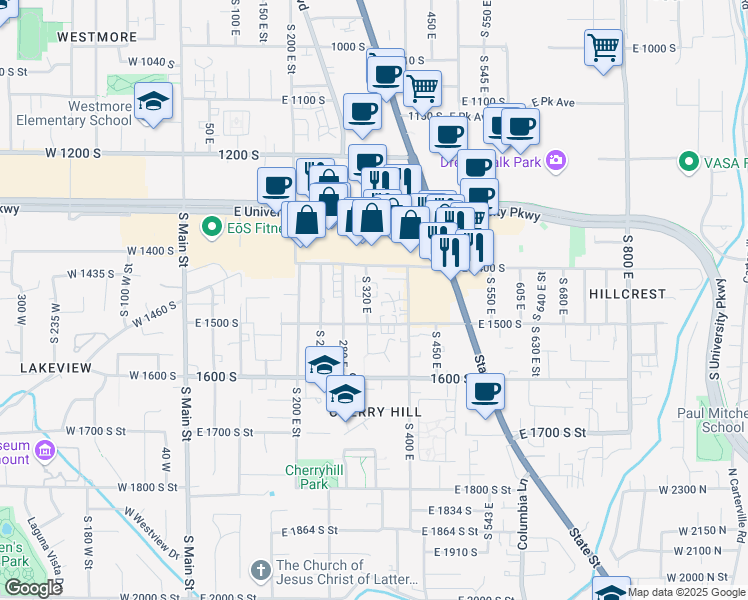 map of restaurants, bars, coffee shops, grocery stores, and more near 1457 320 East in Orem