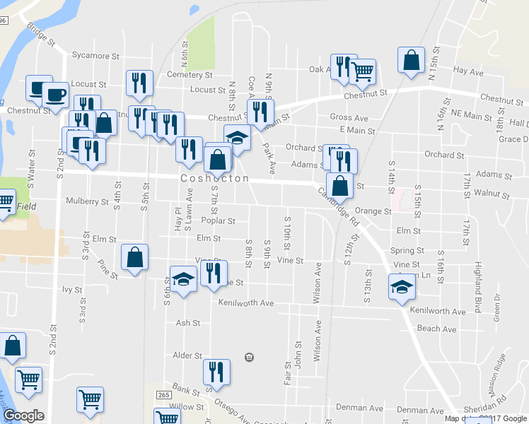 map of restaurants, bars, coffee shops, grocery stores, and more near 309 South 9th Street in Coshocton