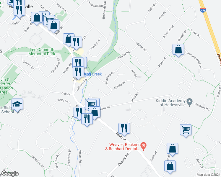 map of restaurants, bars, coffee shops, grocery stores, and more near 297 Florence Drive in Harleysville