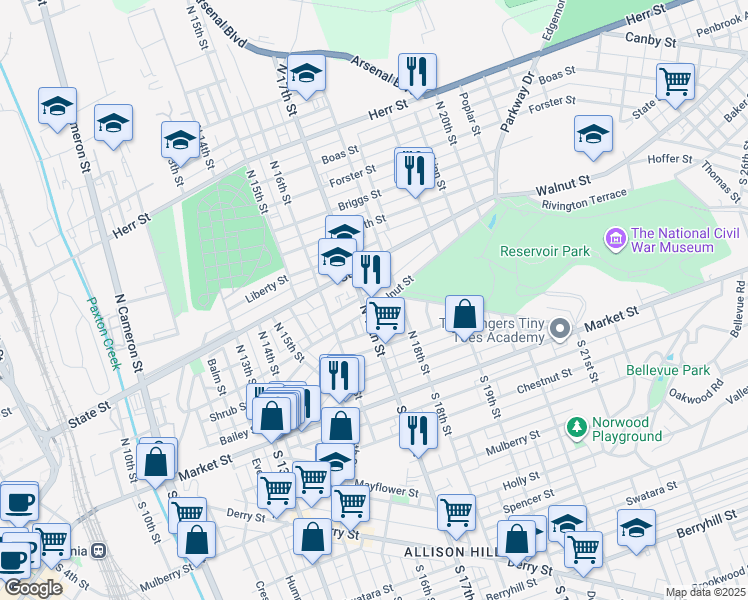 map of restaurants, bars, coffee shops, grocery stores, and more near 1707 Elm Street in Harrisburg