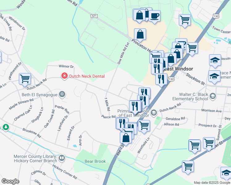 map of restaurants, bars, coffee shops, grocery stores, and more near 264 Dutch Neck Road in East Windsor